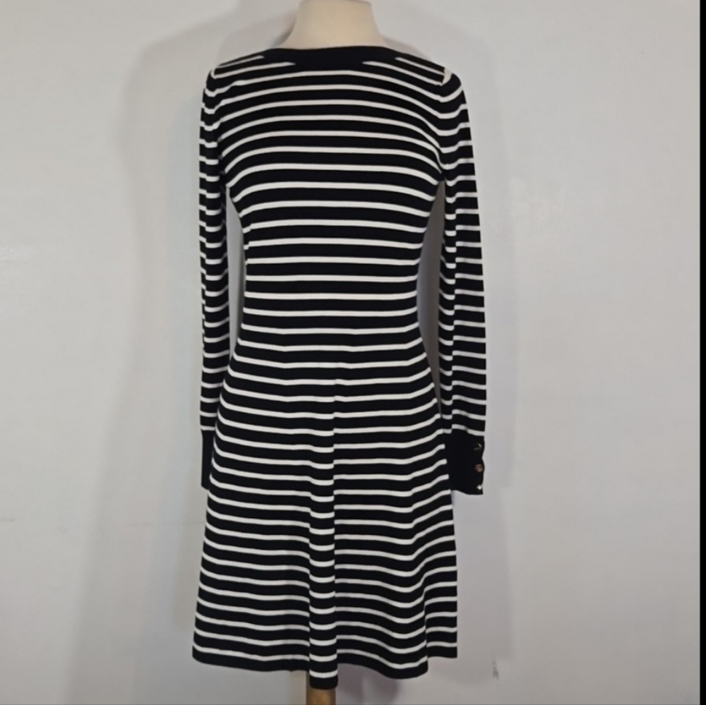 Loft Black & White Stripe Long Sleeve Knit Dress Small NWT